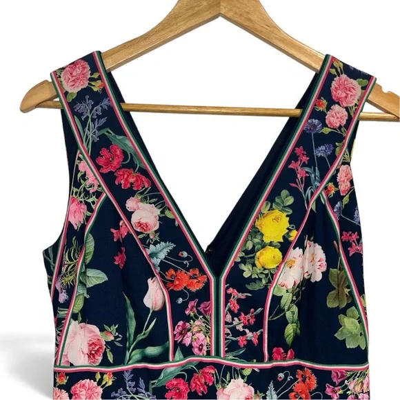 TADASHI SHOJI Olga Navy Floral Midi Dress V-Neck Sleeveless Size 6 flower EUC